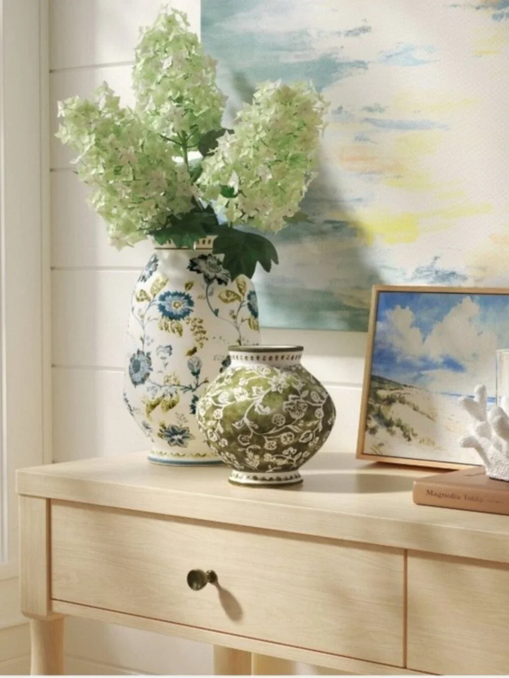 Ceramic Blue&Green Painted Floral Vase By Threshold